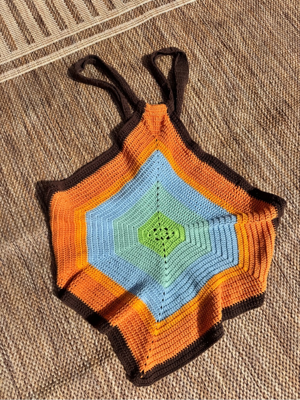 House of Sunny Striped Crochet Crop Top - Orange, Blue, Brown